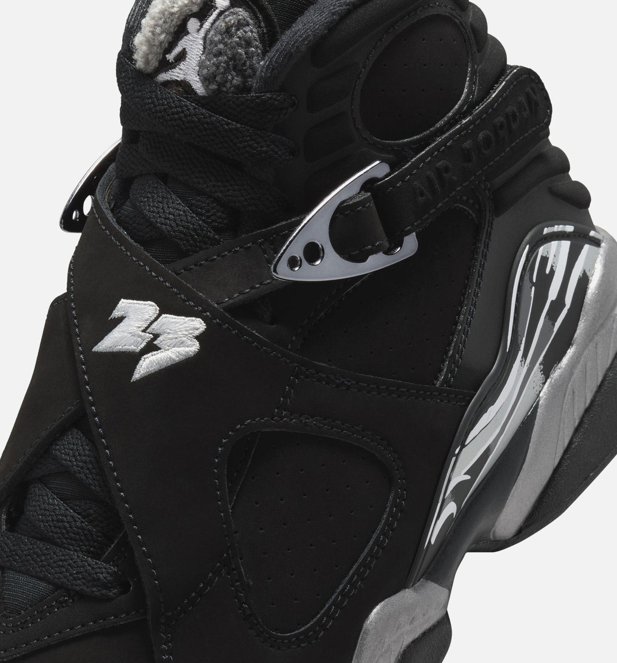 Air Jordan 8 Retro Chrome Black and Light Graphite Grade School Lifestyle Shoe – Black / White / Light Graphite